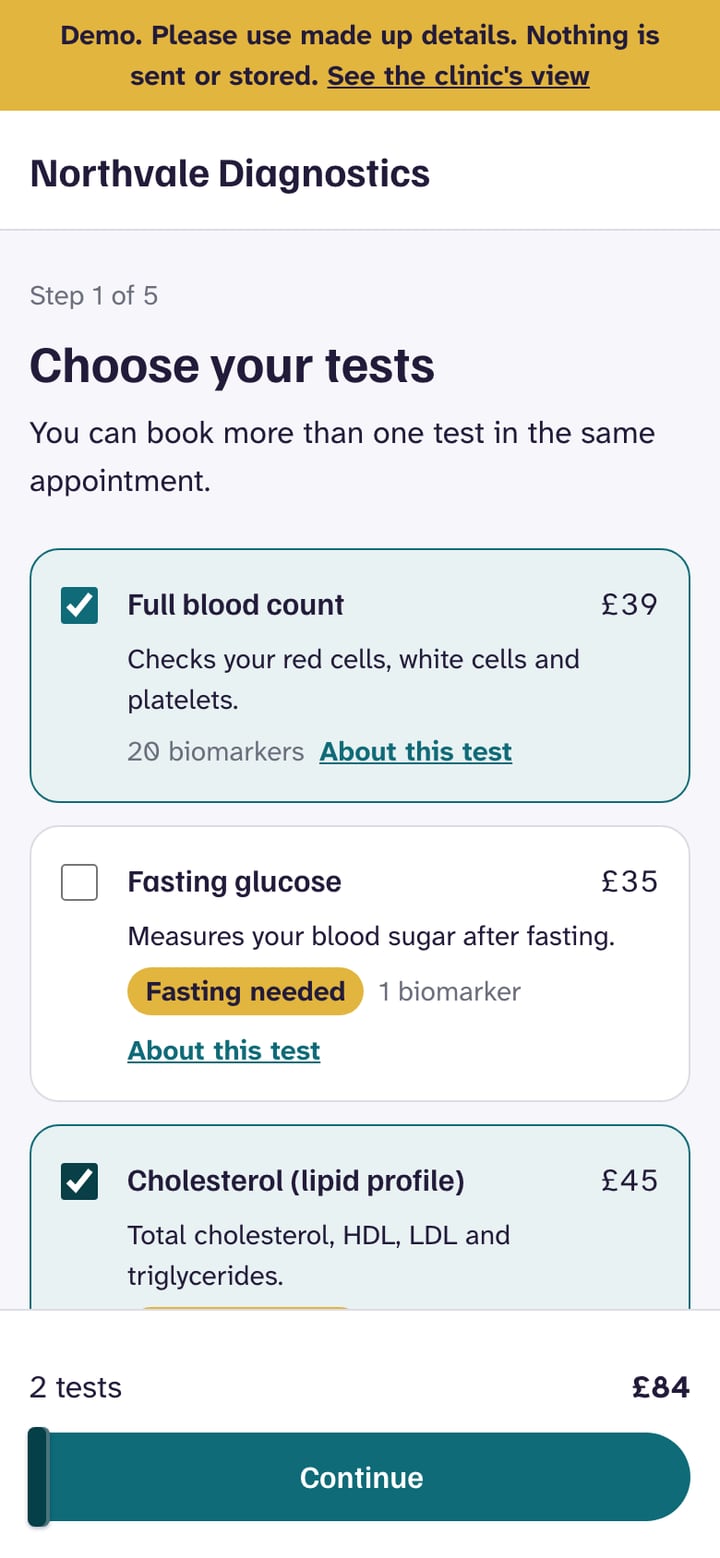 Choose tests, a screen from the demo booking