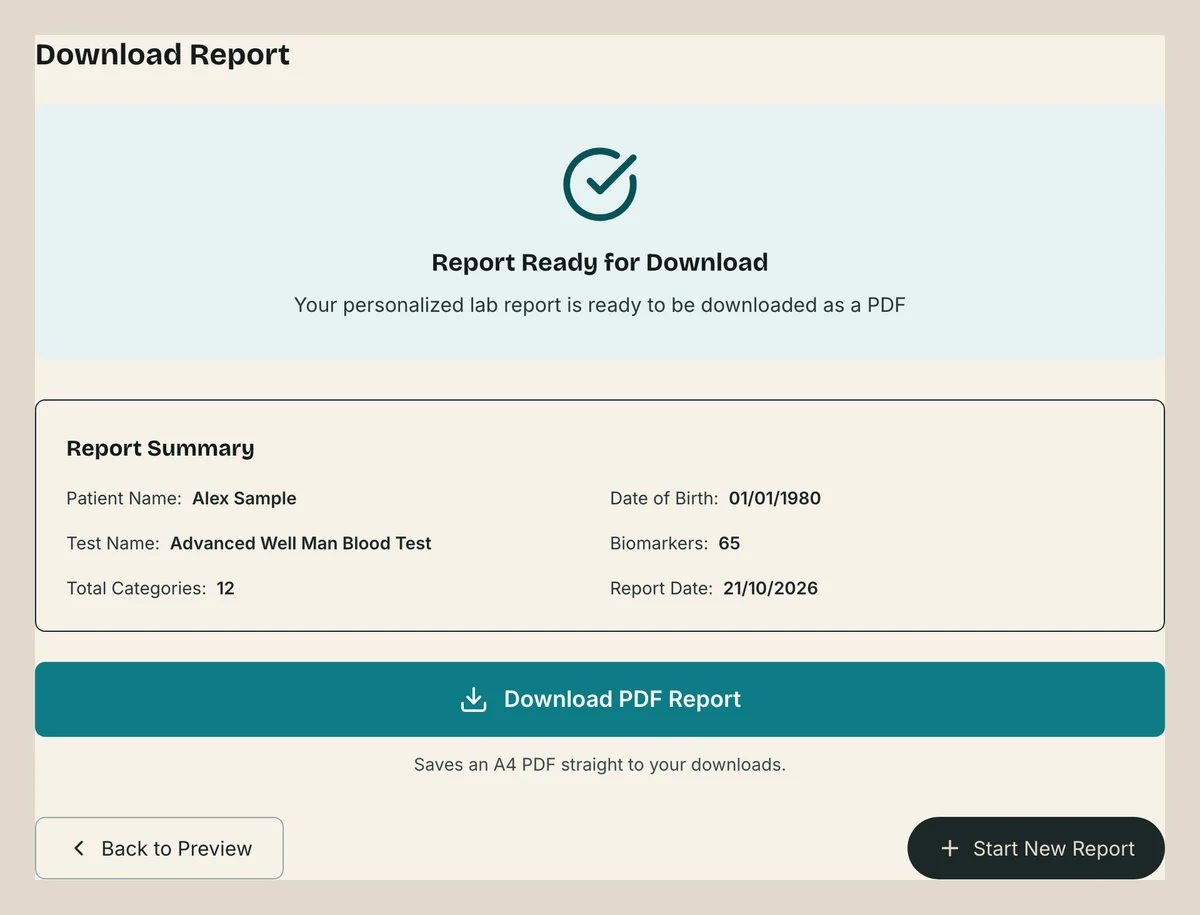 Downloading: the Lab Report Builder screen for this stage